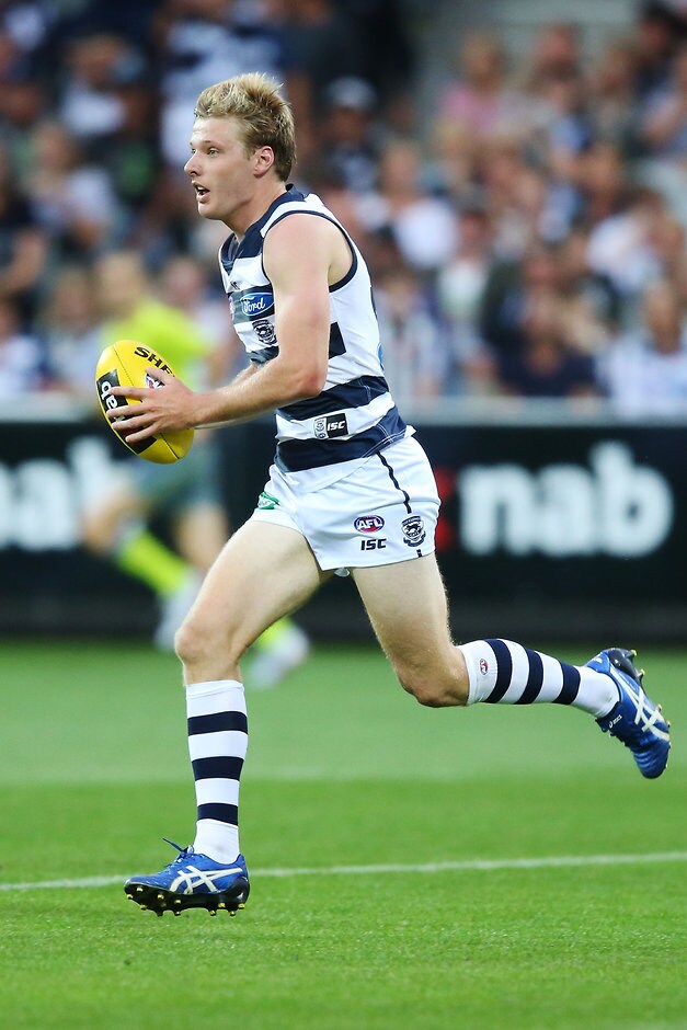 AFL 2016 NAB Challenge - Geelong v Collingwood GEELONG, AUSTRALIA - FEBRUARY 26: George Horlin-Smith of the Cats runs with the ball during the 2016 NAB Challenge match between the Geelong Cats and the Collingwood Magpies at Simonds Stadium, Geelong on February 26, 2016. (Photo by Michael Dodge/AFL Media)